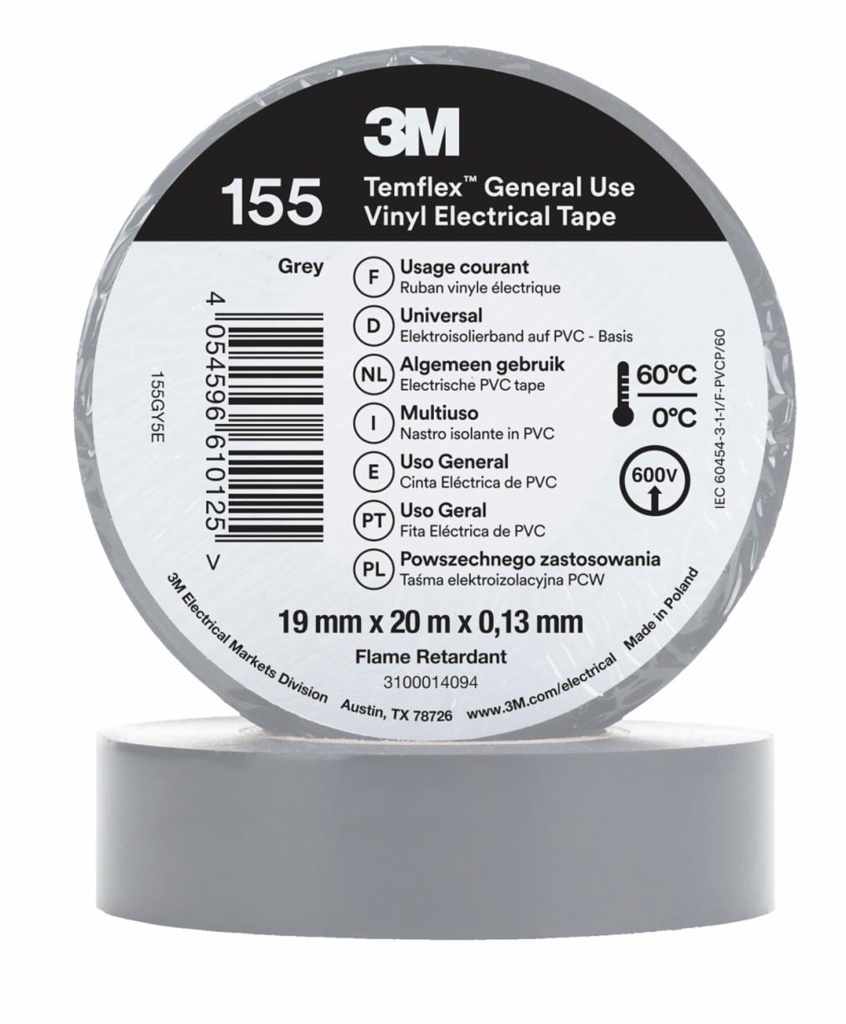 CINTA PVC GRIS TEMFLEX 155 19mm x 20 m