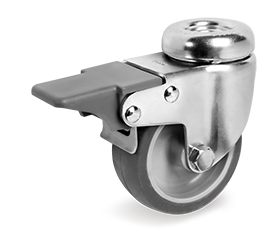 RUEDA GOMA SERIE 38 SOPORTE GIRATORIO CON PASADOR Y FRENO 50 mm INOX