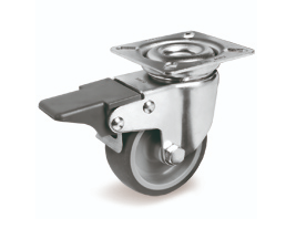 RUEDA GOMA SERIE 38 SOPORTE GIRATORIO CON PLETINA Y FRENO 75 mm INOX