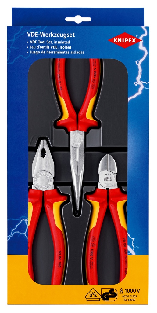 KNIPEX 00 20 12 JUEGO ELECTRO 1 X 03 06 180, 1 X 26 16 200, 1 X 70 06 160