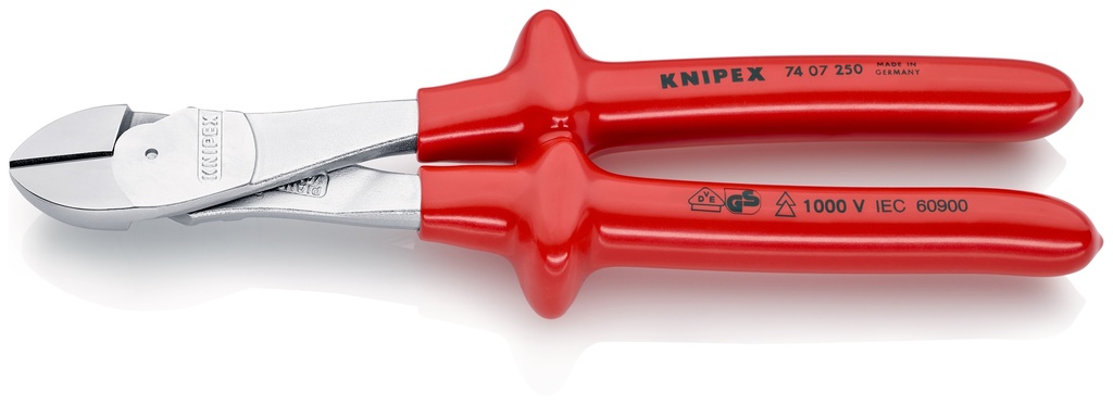 KNIPEX 74 07 250 ALICATES DE CORTE DIAGONAL DE FUERZA AISLADOS POR INMERSIÓN EN PLÁSTICO REFORZADO, SEGÚN NORMA VDE CROMADO 250 MM