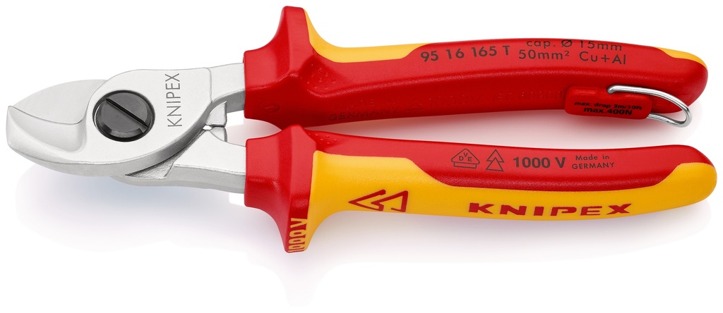 KNIPEX 95 16 165 T BK TIJERAS CORTACABLES AISLADO CON FUNDAS MULTICOMPONENTE, HOMOLOGADO POR VDE; CON ANILLA DE FIJACIÓN AISLADA E INTEGRADA PARA COLOCAR UNA PROTECCIÓN ANTICAÍDA CROMADO 165 MM