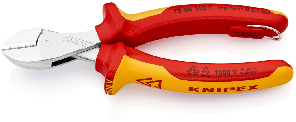 KNIPEX 73 06 160 T BK X-CUT® ALICATE DE CORTE DIAGONAL COMPACTO AISLADO CON FUNDAS MULTICOMPONENTE, HOMOLOGADO POR VDE; CON ANILLA DE FIJACIÓN AISLADA E INTEGRADA PARA COLOCAR UNA PROTECCIÓN ANTICAÍDA CROMADO 160 MM