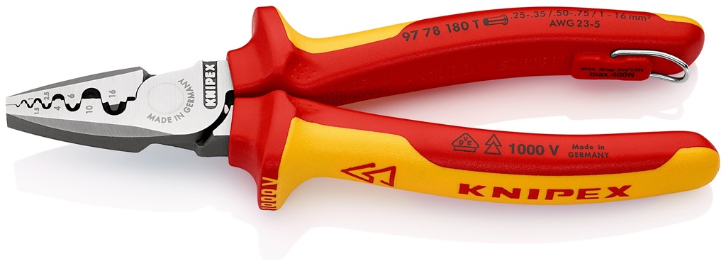 KNIPEX 97 78 180 T ALICATE PARA CRIMPAR PUNTERAS HUECAS AISLADO CON FUNDAS MULTICOMPONENTE, HOMOLOGADO POR VDE; CON ANILLA DE FIJACIÓN AISLADA E INTEGRADA PARA COLOCAR UNA PROTECCIÓN ANTICAÍDA 180 MM