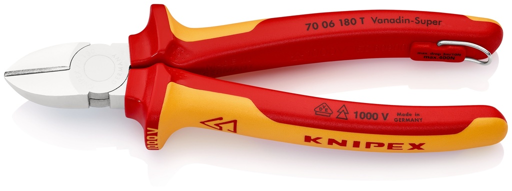 KNIPEX 70 06 180 T BK ALICATE DE CORTE DIAGONAL AISLADO CON FUNDAS MULTICOMPONENTE, HOMOLOGADO POR VDE; CON ANILLA DE FIJACIÓN AISLADA E INTEGRADA PARA COLOCAR UNA PROTECCIÓN ANTICAÍDA CROMADO 180 MM