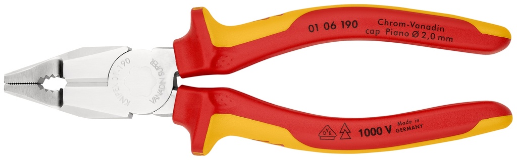 KNIPEX 01 06 190 ALICATE UNIVERSAL CROMO VANADIO AISLADOS CON FUNDAS MULTICOMPONENTES, SEGÚN NORMA VDE CROMADO 190 MM