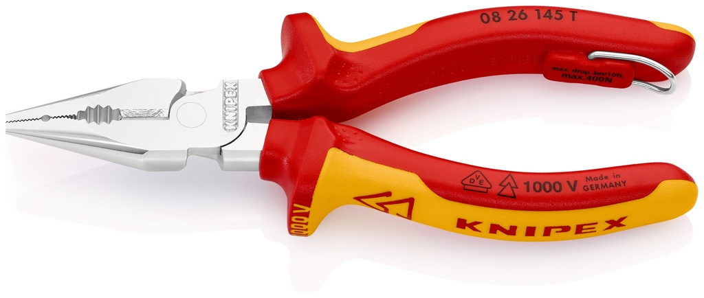 KNIPEX 08 26 145 T BK ALICATE UNIVERSAL EN PUNTA AISLADO CON FUNDAS MULTICOMPONENTE, HOMOLOGADO POR VDE; CON ANILLA DE FIJACIÓN AISLADA E INTEGRADA PARA COLOCAR UNA PROTECCIÓN ANTICAÍDA CROMADO 145 MM