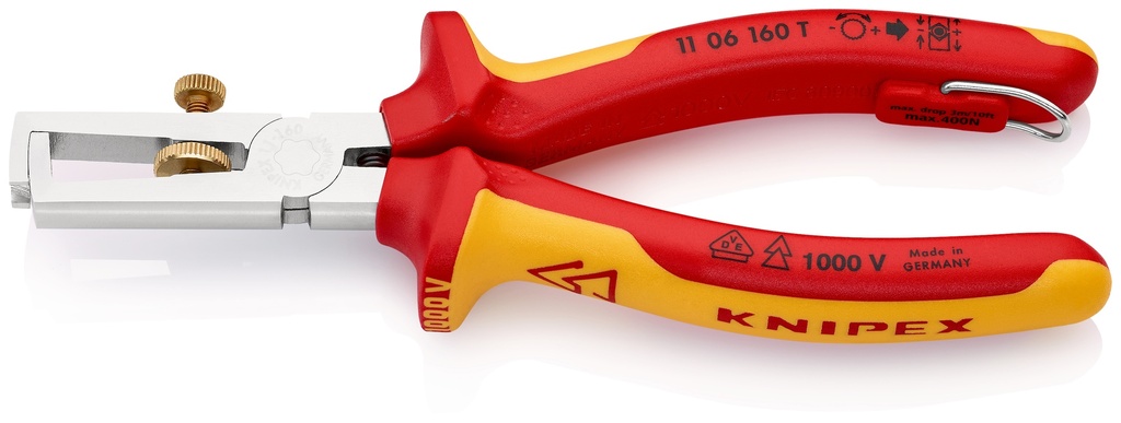 KNIPEX 11 06 160 T ALICATE PELACABLES CON MUELLE DE APERTURA UNIVERSAL AISLADO CON FUNDAS MULTICOMPONENTE, HOMOLOGADO POR VDE; CON ANILLA DE FIJACIÓN AISLADA E INTEGRADA PARA COLOCAR UNA PROTECCIÓN ANTICAÍDA CROMADO 160 MM