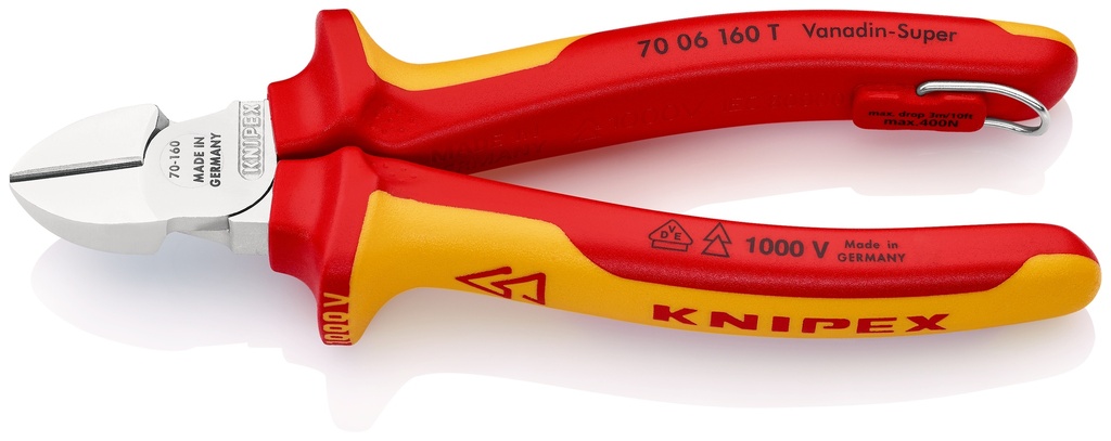 KNIPEX 70 06 160 T ALICATE DE CORTE DIAGONAL AISLADO CON FUNDAS MULTICOMPONENTE, HOMOLOGADO POR VDE; CON ANILLA DE FIJACIÓN AISLADA E INTEGRADA PARA COLOCAR UNA PROTECCIÓN ANTICAÍDA CROMADO 160 MM
