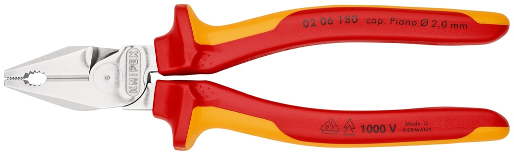KNIPEX 02 06 180 ALICATE UNIVERSAL DE FUERZA AISLADOS CON FUNDAS MULTICOMPONENTES, SEGÚN NORMA VDE CROMADO 180 MM
