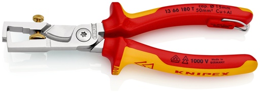 [NS-KN1366180T] KNIPEX 13 66 180 T STRIX® ALICATE PELACABLES CON TIJERAS CORTACABLES AISLADO CON FUNDAS MULTICOMPONENTE, HOMOLOGADO POR VDE; CON ANILLA DE FIJACIÓN AISLADA E INTEGRADA PARA COLOCAR UNA PROTECCIÓN ANTICAÍDA CROMADO 180 MM