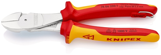 [NS-KN7406200T] KNIPEX 74 06 200 T ALICATES DE CORTE DIAGONAL DE FUERZA AISLADO CON FUNDAS MULTICOMPONENTE, HOMOLOGADO POR VDE; CON ANILLA DE FIJACIÓN AISLADA E INTEGRADA PARA COLOCAR UNA PROTECCIÓN ANTICAÍDA CROMADO 200 MM