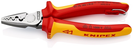 [NS-KN9778180T] KNIPEX 97 78 180 T ALICATE PARA CRIMPAR PUNTERAS HUECAS AISLADO CON FUNDAS MULTICOMPONENTE, HOMOLOGADO POR VDE; CON ANILLA DE FIJACIÓN AISLADA E INTEGRADA PARA COLOCAR UNA PROTECCIÓN ANTICAÍDA 180 MM
